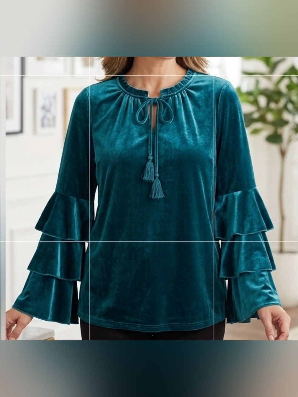 CATO Teal Blue Velvet Blouse with Tiered Ruffle Sleeves Tassel Tie-Neck- Small